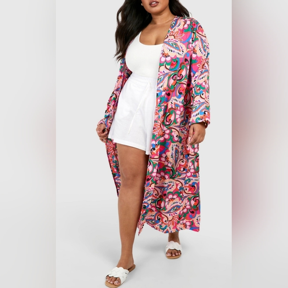 boohoo NWOT Plus Floral Abstract Longline Kimono Sz 24